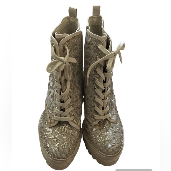 Gianni Bini Halland Glitzy Embellish Leopard Platform high Heels lace up Booties - Picture 6 of 12